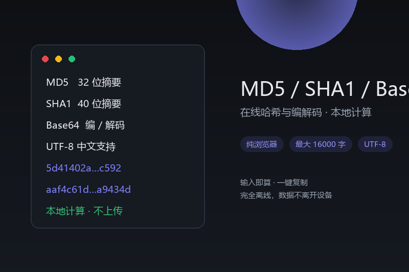 在线 MD5/SHA1 哈希与 Base64 编解码工具